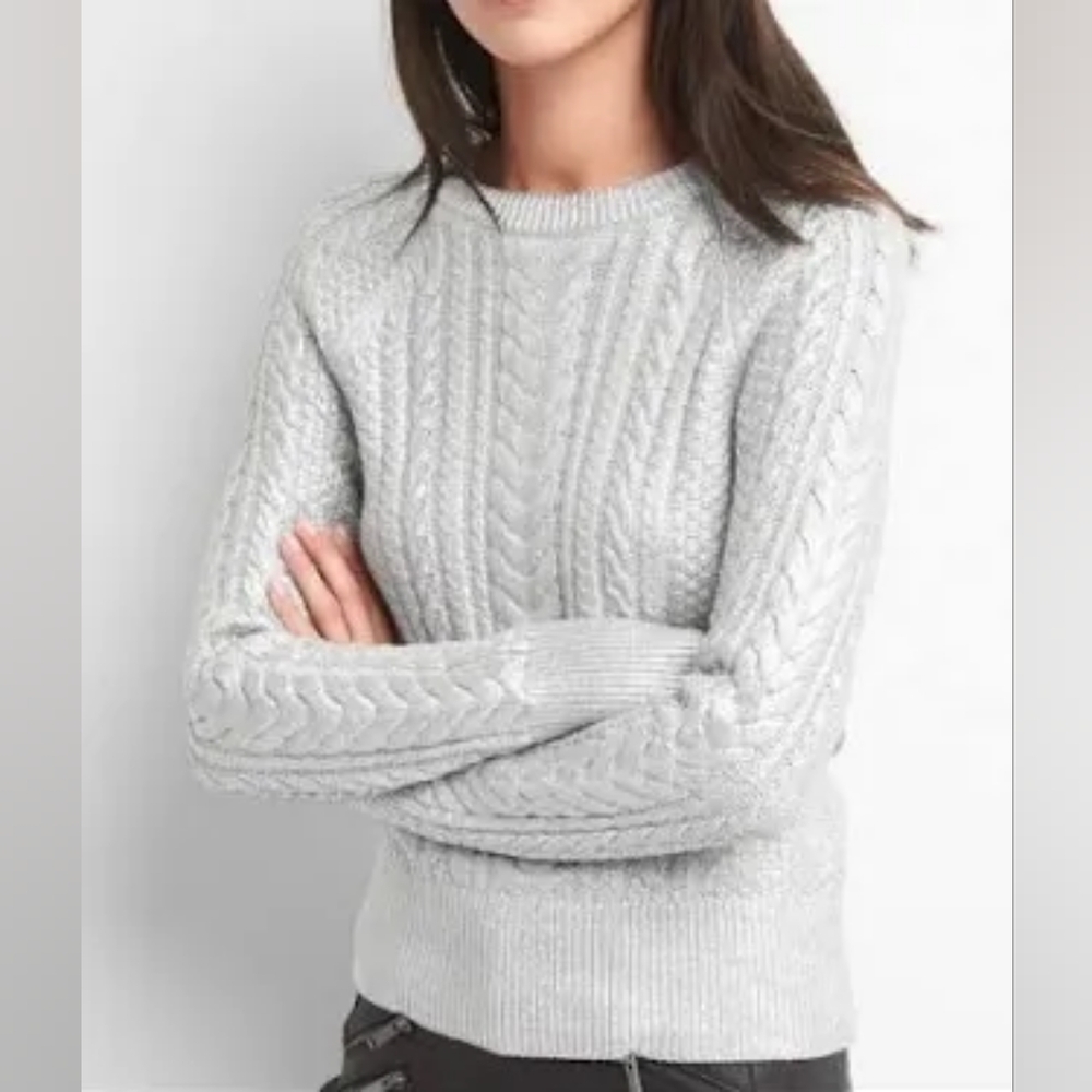 Metallic finish cable knit sweater